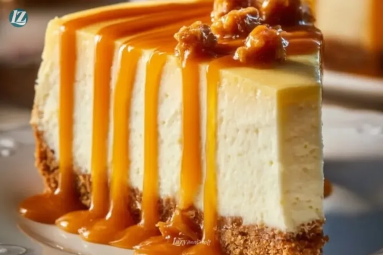 Delicious salted caramel cheesecake topped with toffee bits