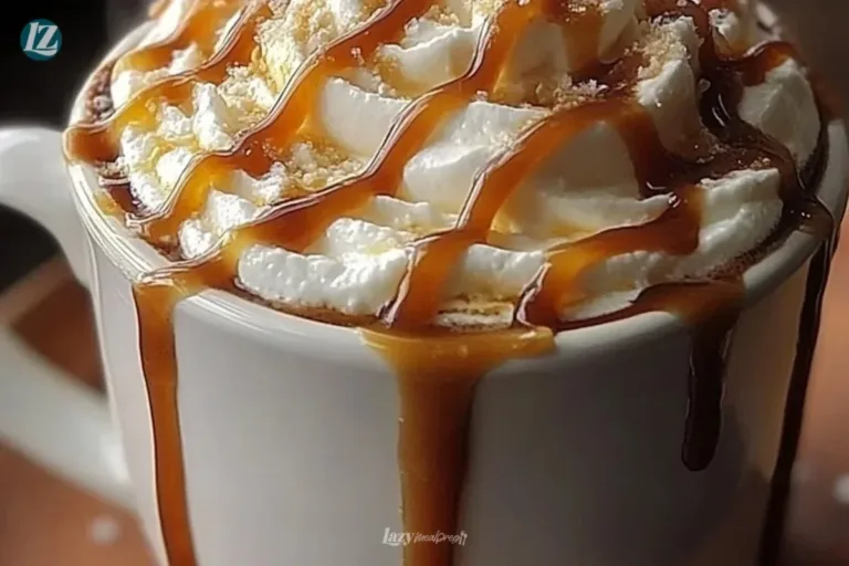 Delicious salted caramel hot chocolate topped with whipped cream and caramel drizzle.