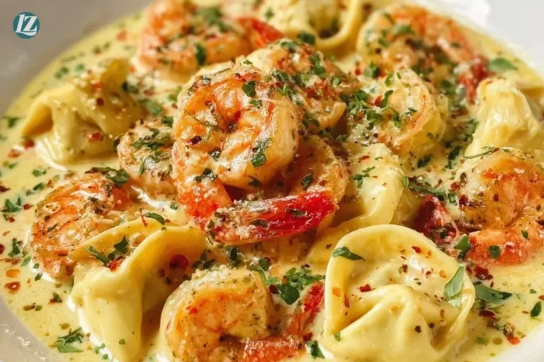 Shrimp tortellini with lemon garlic cream sauce in a white bowl