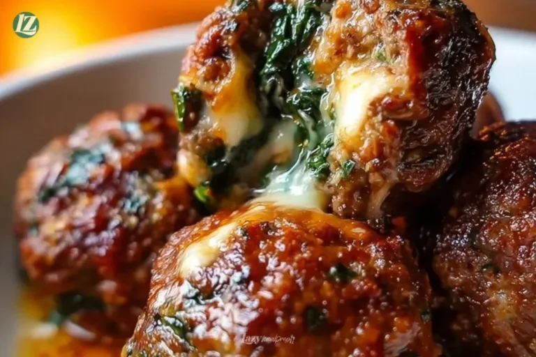 Spinach garlic meatballs stuffed with mozzarella served on a plate