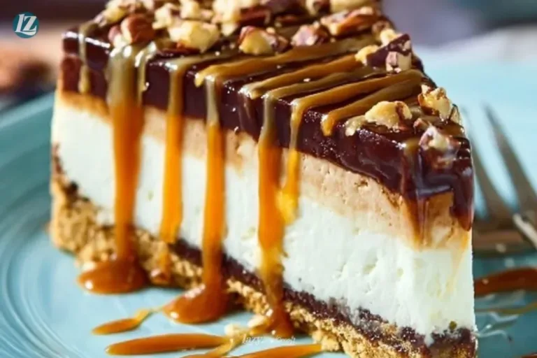 Delicious Turtle Cheesecake with chocolate, caramel, and pecans