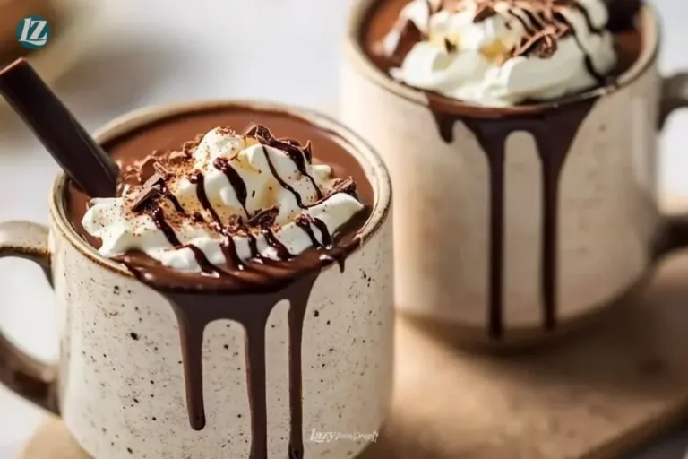 Delicious vegan hot chocolate topped with whipped cream and chocolate shavings