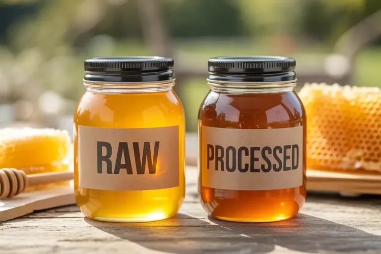 A close-up image showcasing raw honey in a jar, highlighting its natural texture.