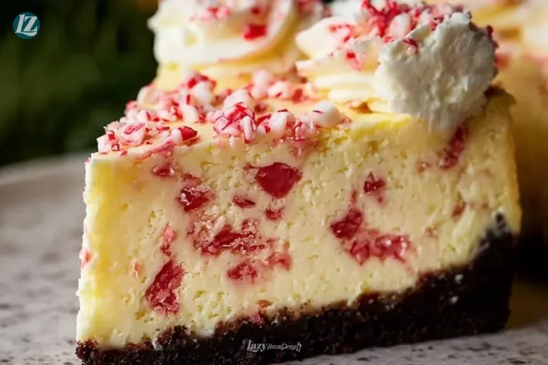 Delicious white chocolate baked cheesecake slice on a plate