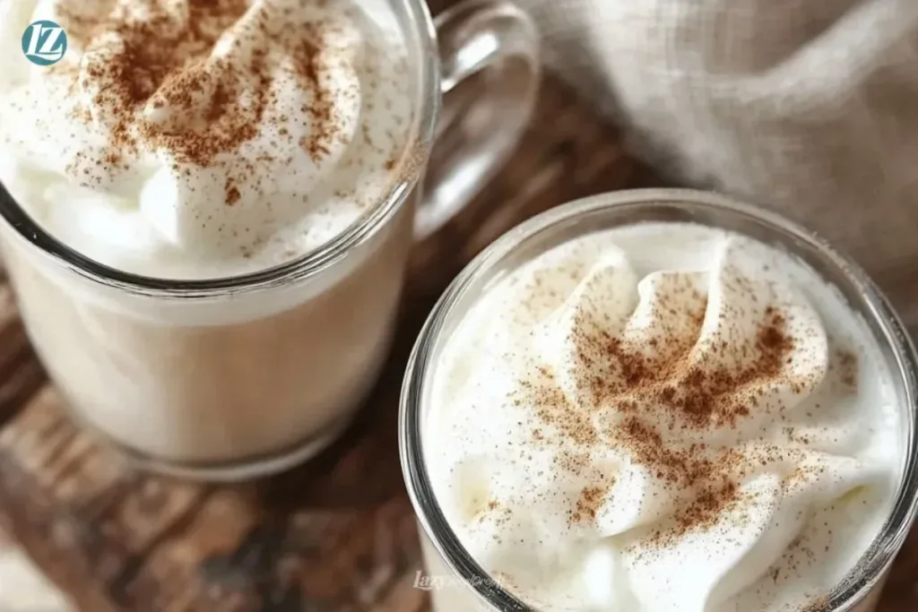 Delicious cup of creamy white hot chocolate topped with whipped cream