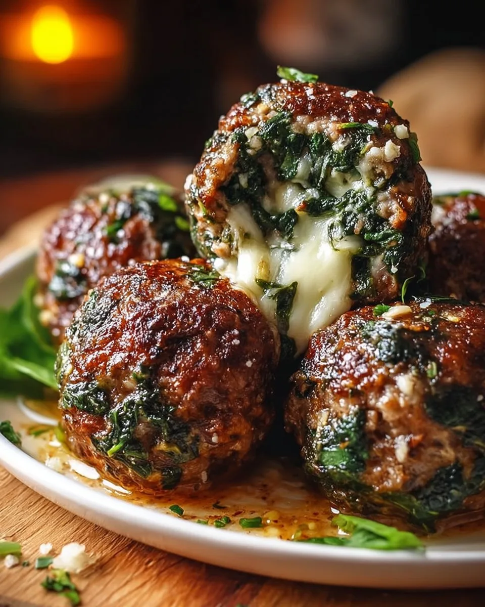 Spinach Garlic Meatballs Stuffed with Mozzarella