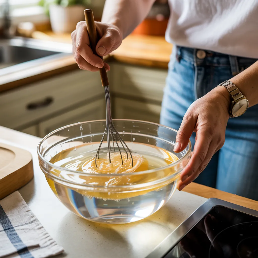 "Hands stirring unflavored gelatin into hot water in clear glass mixing bowl on kitchen counter, gelatin dissolving to create clear liquid"