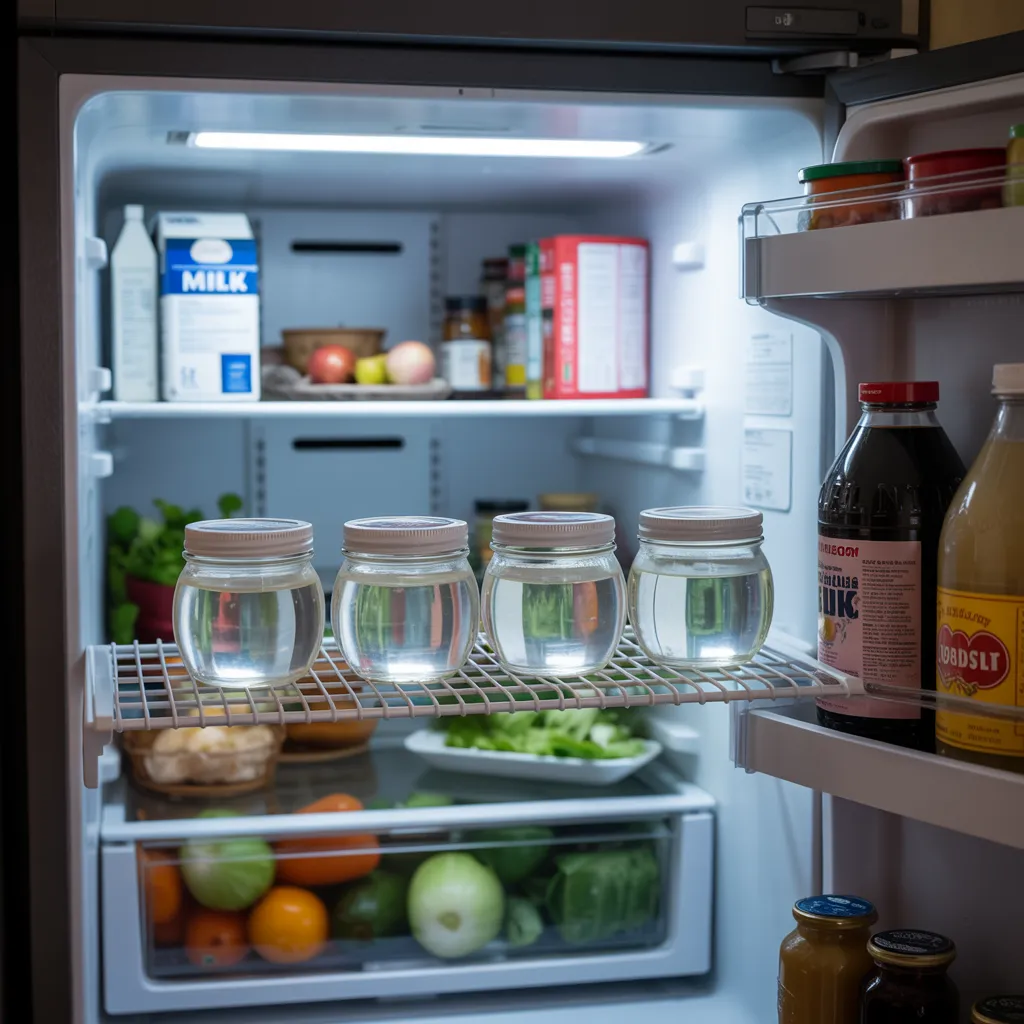 "Four small glass jars filled with set bariatric jello on refrigerator shelf next to fresh vegetables, realistic home fridge interior"