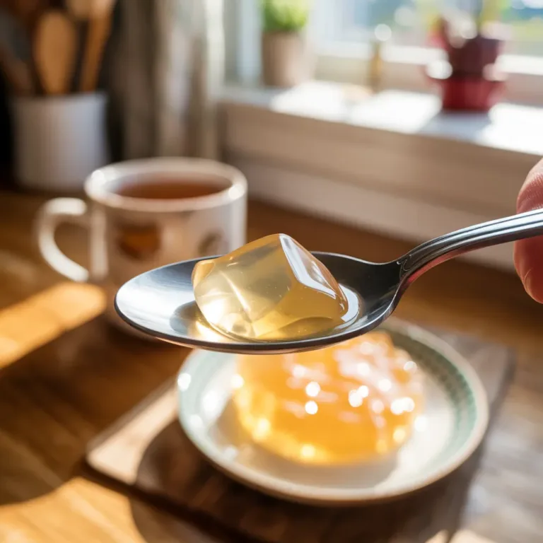 Close-up of spoon holding a portion of clear bariatric jello, natural kitchen lighting, wooden table background with cup of tea nearby bariatric jello recipe