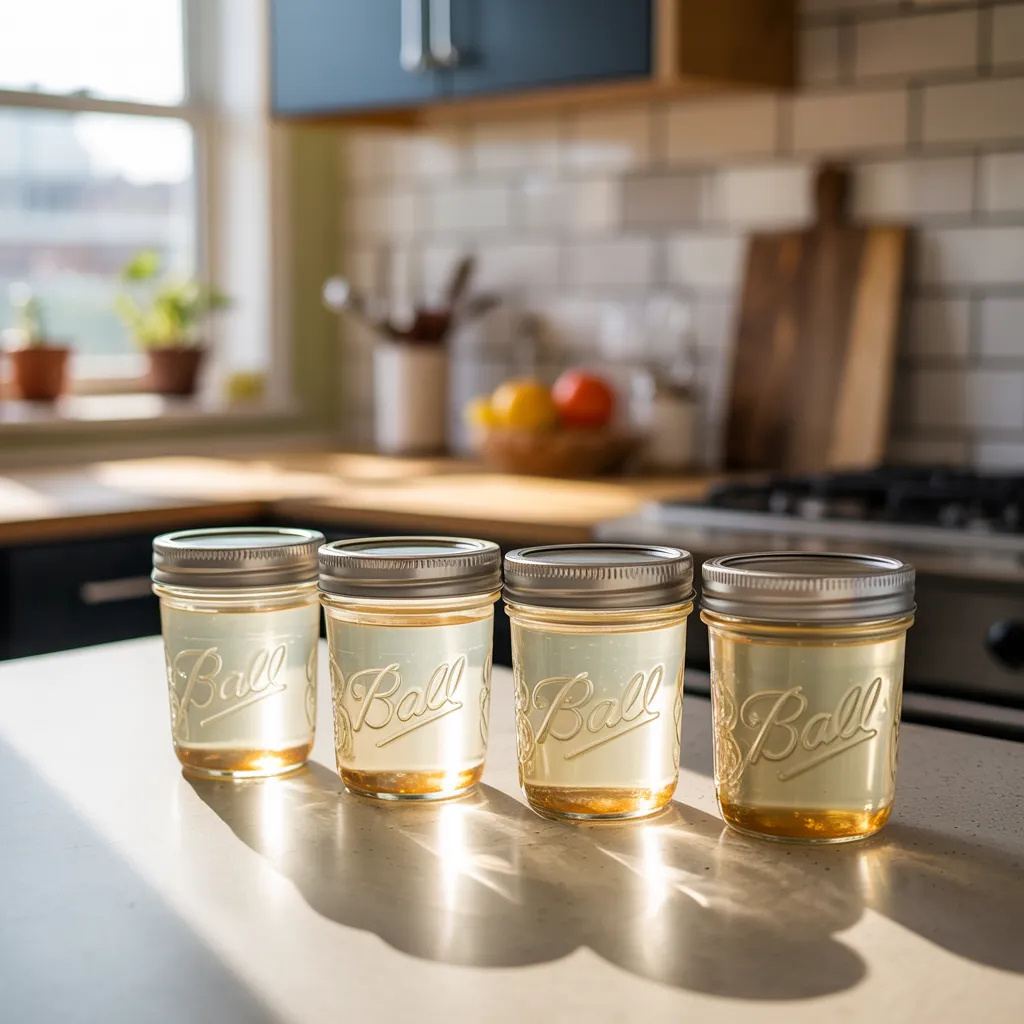 "Four small glass jars filled with set bariatric jello on kitchen counter in morning sunlight, 4-ounce mason jars, realistic home meal prep"