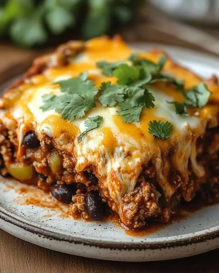 Cheesy beef enchilada casserole fresh out of the oven