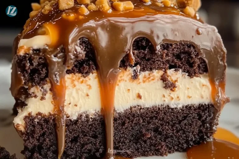 Delicious Better Than Sex Cake with chocolate layers and whipped cream topping