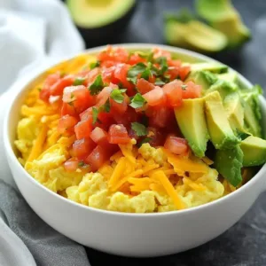 Colorful breakfast burrito bowl with ingredients like eggs, beans, and salsa.