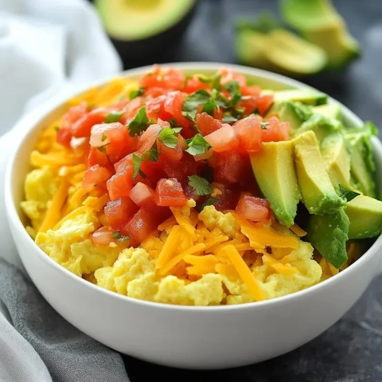 Colorful breakfast burrito bowl with ingredients like eggs, beans, and salsa.
