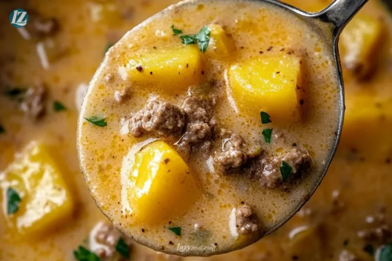 Delicious cheesy beef and potato soup served in a bowl