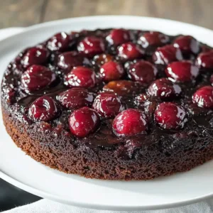 Delicious Chocolate Cherry Upside Down Cake topped with cherries and chocolate