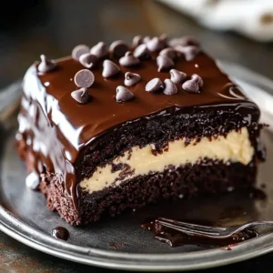 Deliciously rich Chocolate Ooey Gooey Cake topped with chocolate sauce.