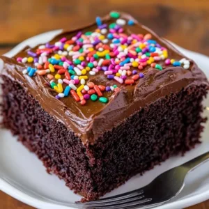 Deliciously moist chocolate sheet cake topped with chocolate frosting.