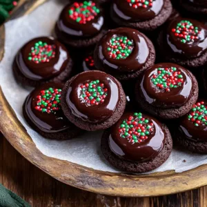 Freshly baked Chocolate Thumbprint Cookies with chocolate filling