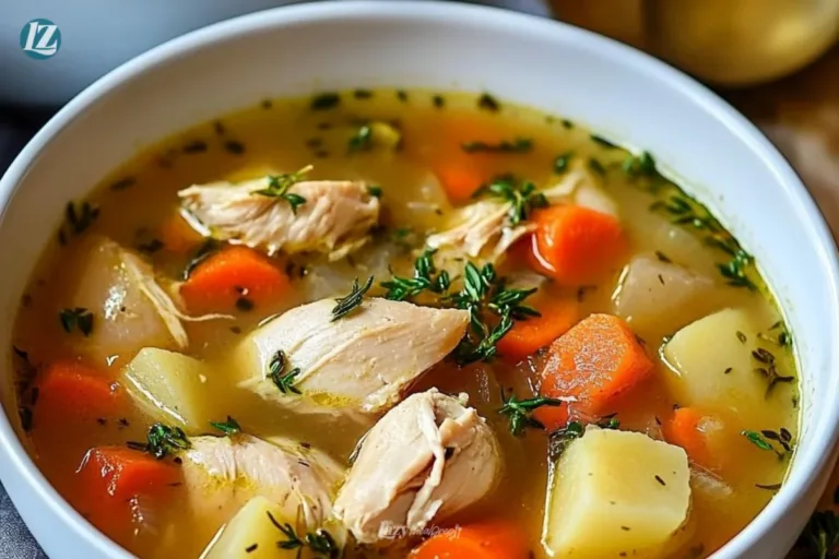 Bowl of comforting chicken soup with chunks of potatoes and herbs