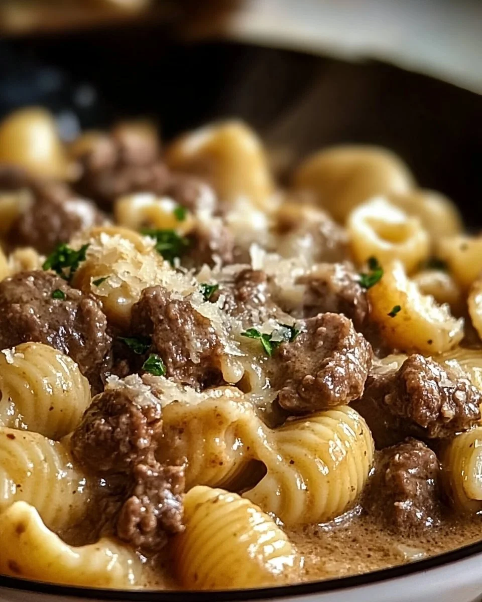 Creamy Beef and Shells in Garlic Parmesan Sauce