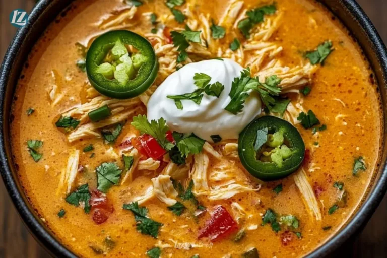 Bowl of creamy chicken enchilada soup garnished with cilantro and lime