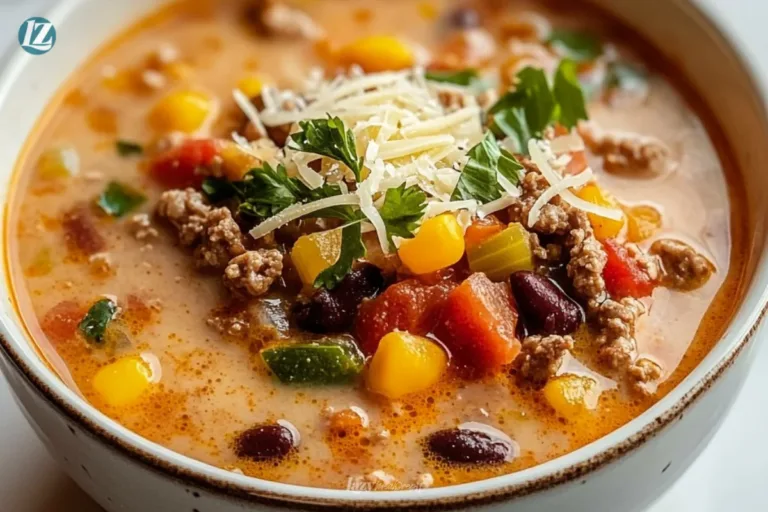 Bowl of creamy cowboy soup garnished with herbs and spices