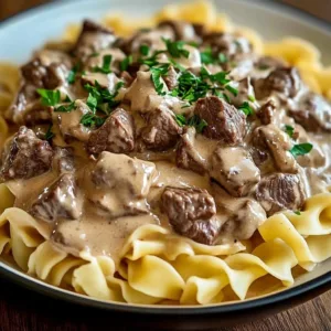 Delicious Crock Pot Beef Stroganoff served with noodles