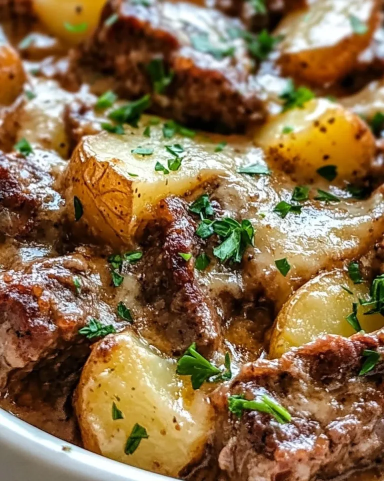 Delicious crockpot loaded steak and potato bake garnished with fresh herbs