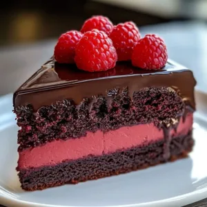Dark chocolate raspberry mousse cake with fresh raspberries and chocolate shavings.