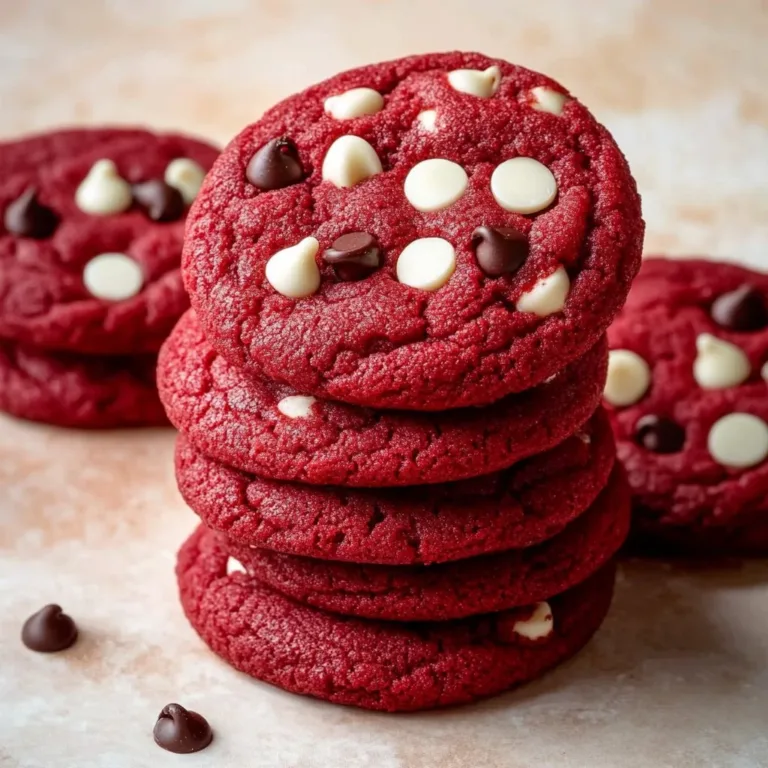 Freshly baked red velvet cookies on a plate, decorated with cream cheese frosting.
