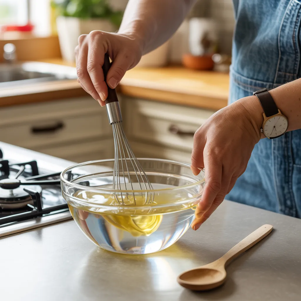 Hands whisking unflavored gelatin into hot water in clear bowl on kitchen counter, realistic home kitchen setting with natural lighting