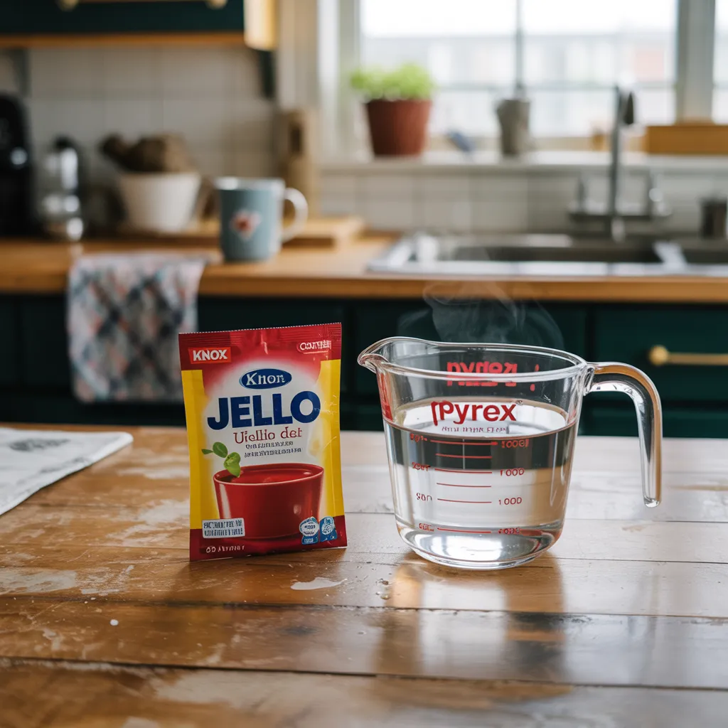 Two ingredients for dr ashton jello diet recipe on kitchen counter - Knox unflavored gelatin packet and glass measuring cup with hot water, natural home lighting