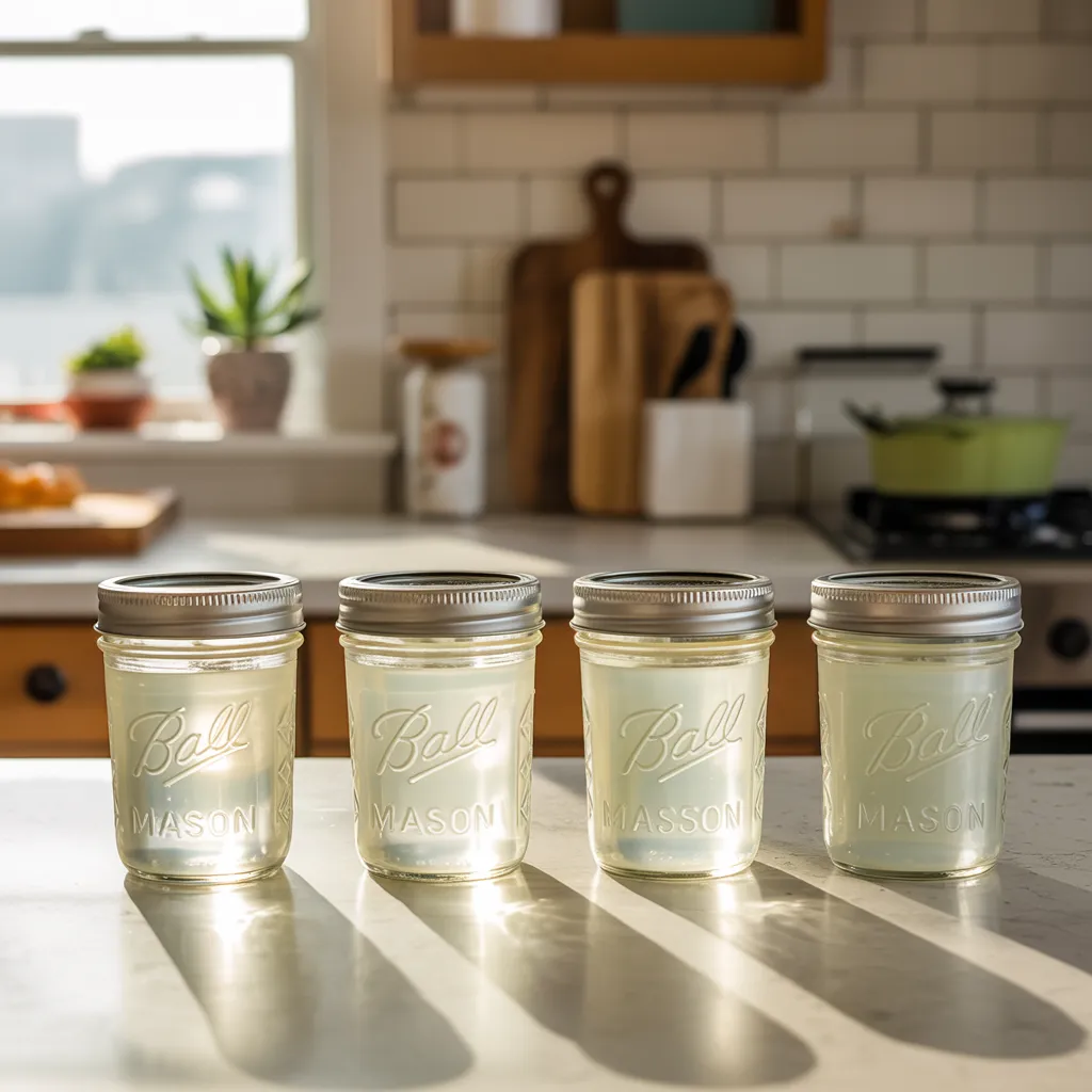 Four small glass jars with lids containing gelatin arranged on kitchen counter, morning sunlight background