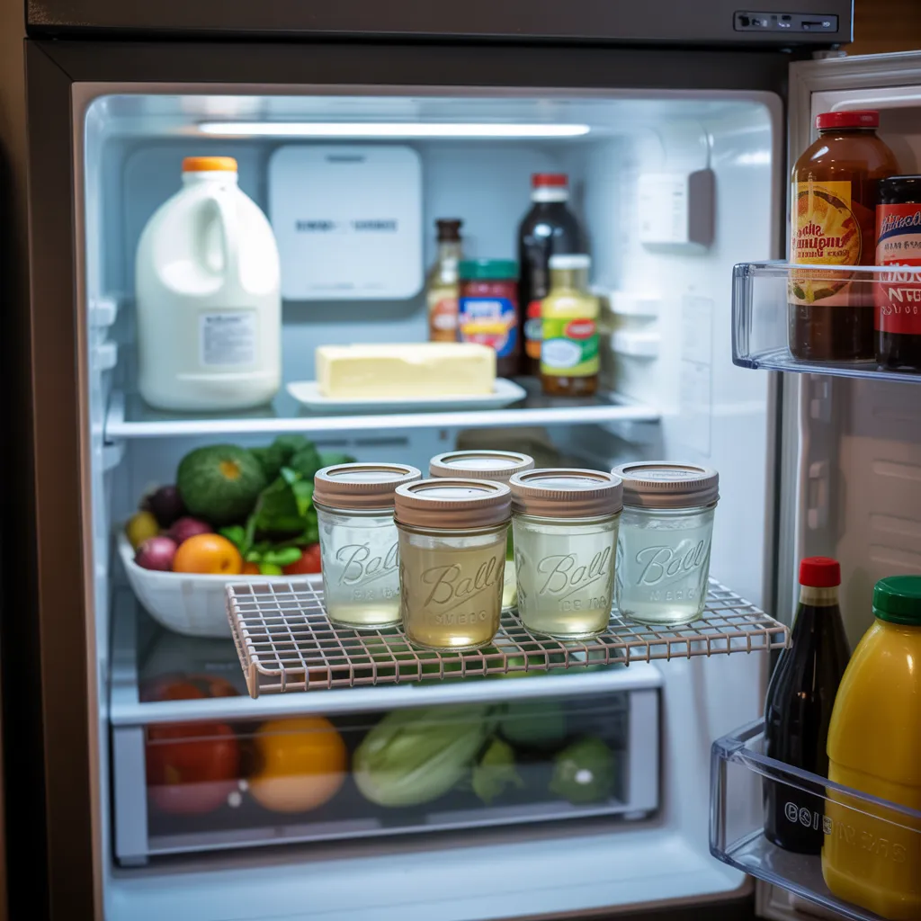 Four small glass jars with lids containing gelatin arranged on refrigerator shelf, home fridge interior with vegetables visible