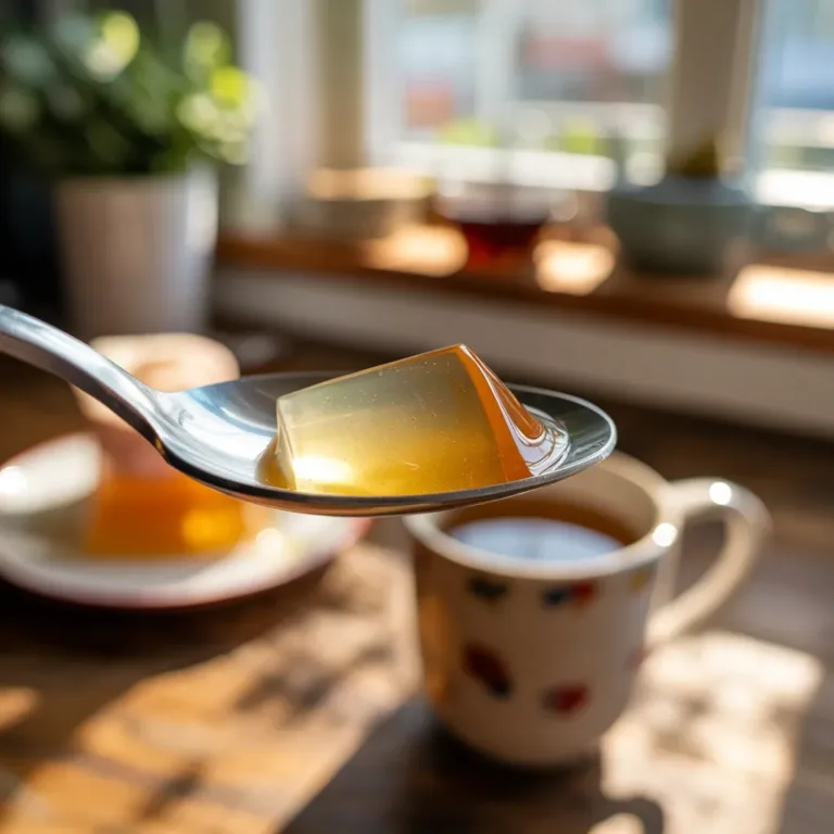 Spoon with portion of clear gelatin on wooden kitchen table, natural afternoon light, tea cup blurred in background