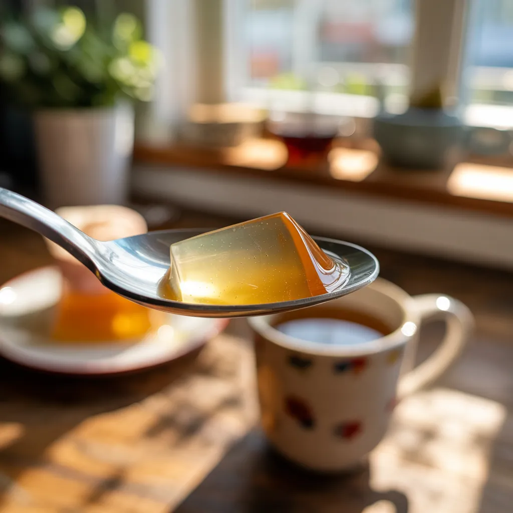 Spoon with portion of clear gelatin on wooden kitchen table, natural afternoon light, tea cup blurred in background
