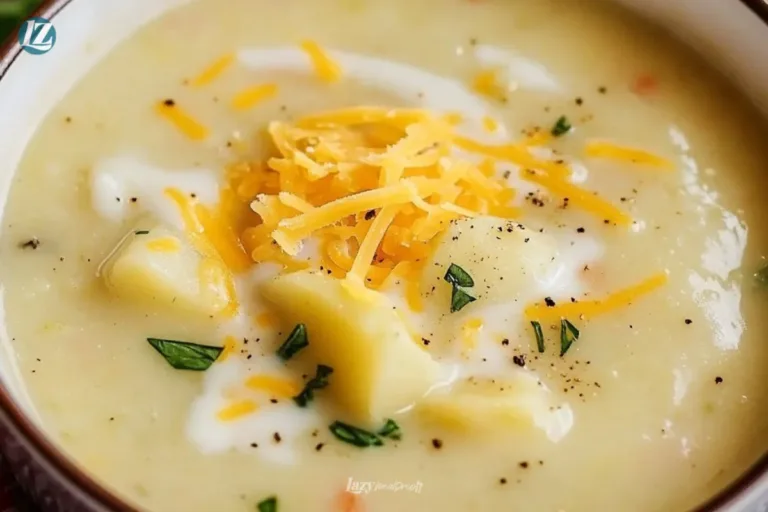Bowl of creamy easy potato soup with herbs and toppings