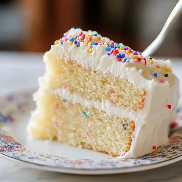 Delicious homemade white cake from scratch topped with creamy frosting