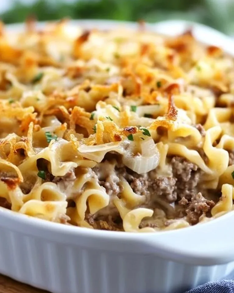 Delicious French Onion Beef Casserole with melted cheese and rich beef flavor