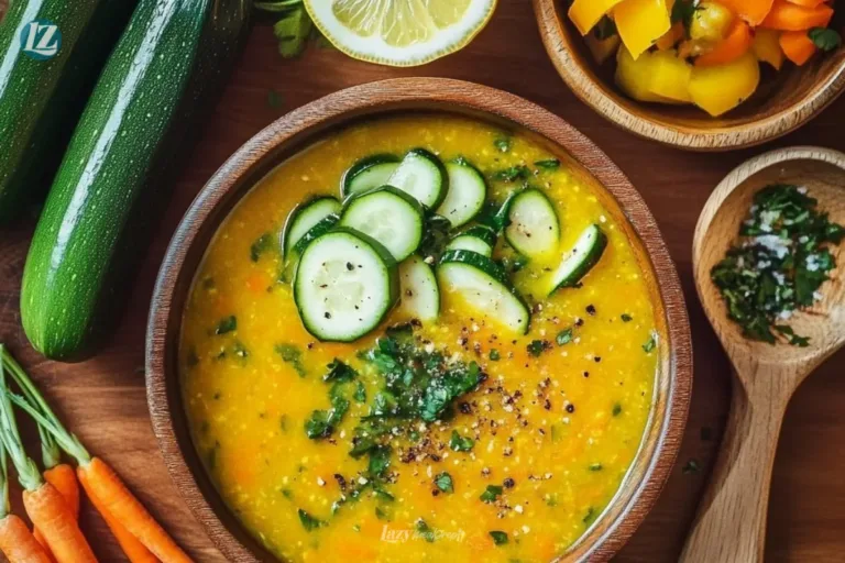 Bowl of Golden Lemon Lentil Soup garnished with fresh herbs and lemon slices