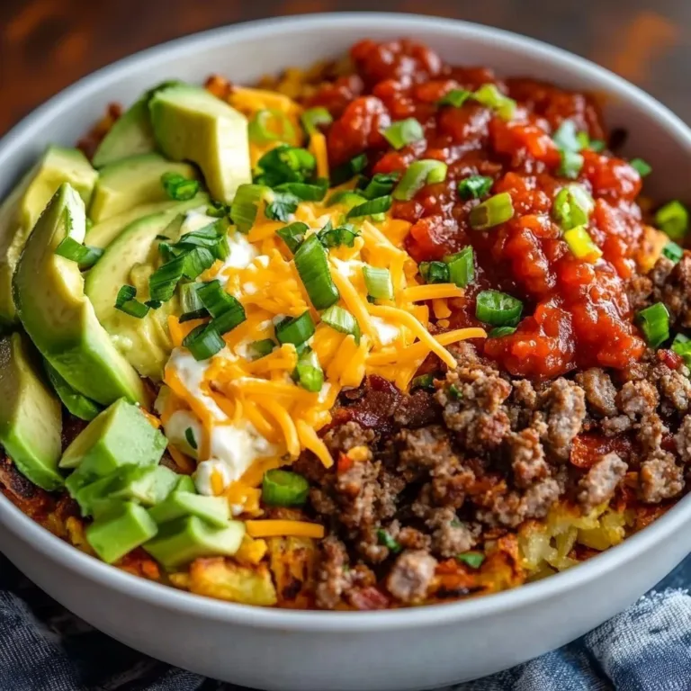 Delicious hash brown breakfast bowl topped with eggs and vegetables