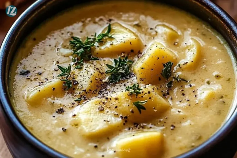 Bowl of hearty cheddar garlic herb potato soup garnished with herbs