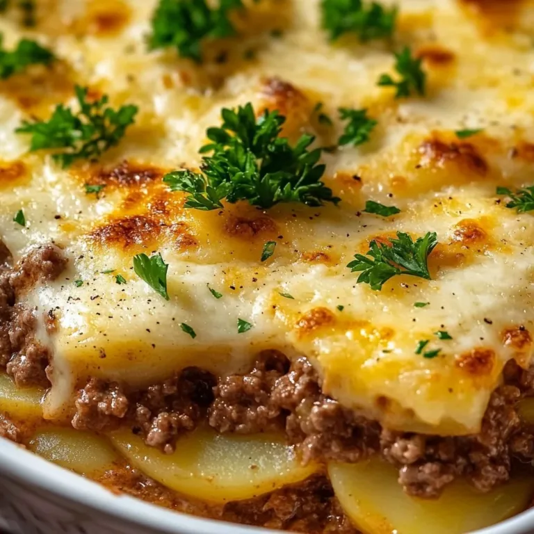 Delicious baked Hobo Casserole with meat and vegetables in a casserole dish.