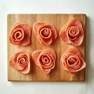 Beautifully arranged charcuterie roses made with assorted meats and cheeses.