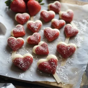 Delicious strawberry hearts arranged on a plate for a festive dessert.