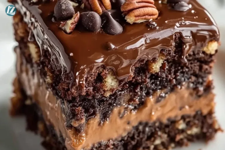 Irresistible German Chocolate Poke Cake topped with coconut and pecans