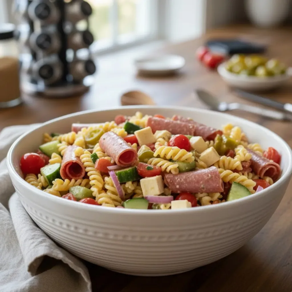 Italian grinder pasta salad in large white serving bowl on kitchen table, showing colorful mix of pasta, meats, cheese, tomatoes, and peppers
