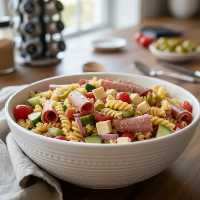 Italian grinder pasta salad in large white serving bowl on kitchen table, showing colorful mix of pasta, meats, cheese, tomatoes, and peppers