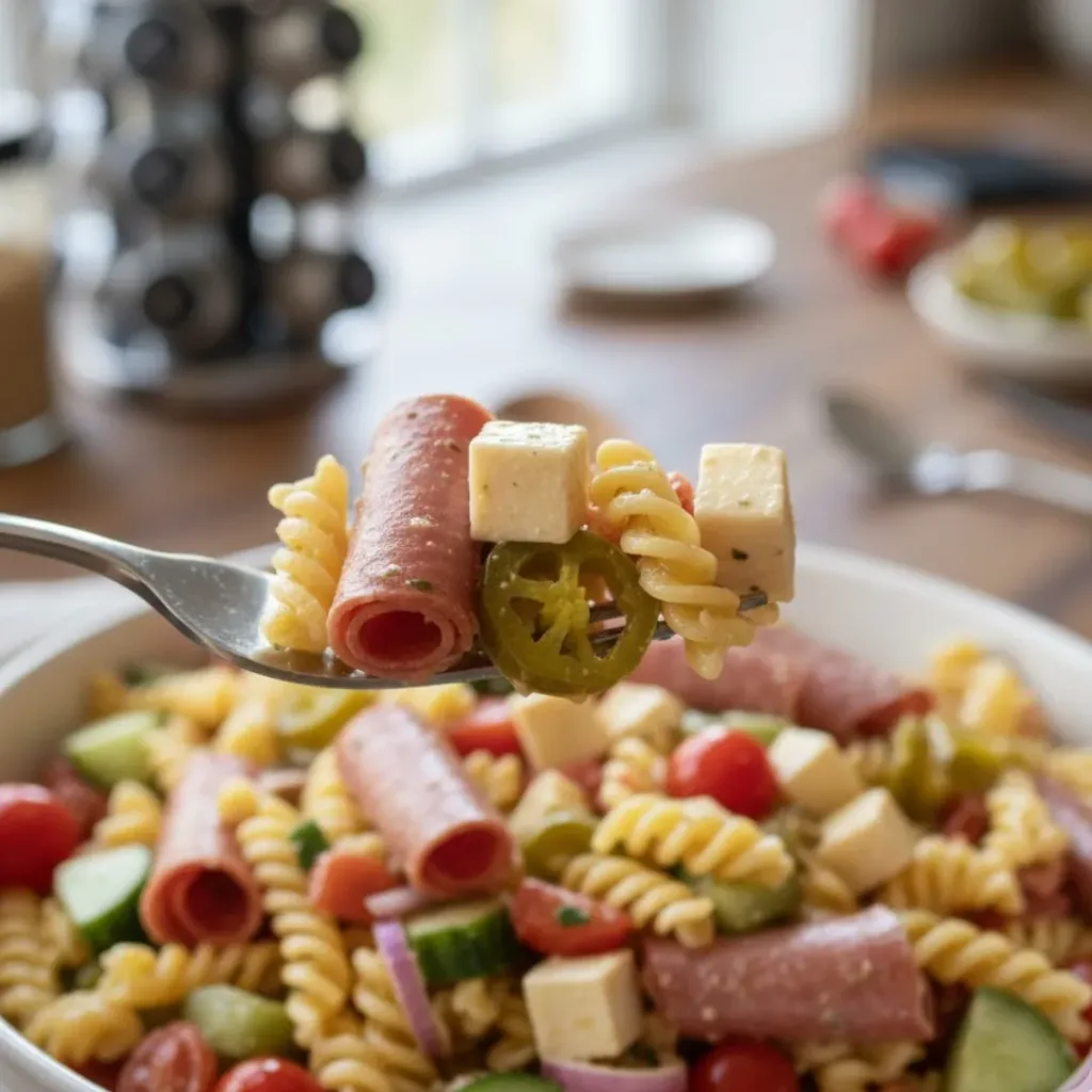 Fork holding a bite of italian grinder pasta salad showing rotini pasta with salami, cheese, tomato, and peppers, natural kitchen lighting
